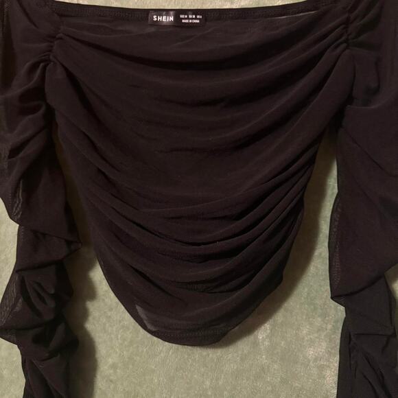 SHEIN Sheer Black Ruched Mesh Off Shoulder Top -M - Picture 3 of 8